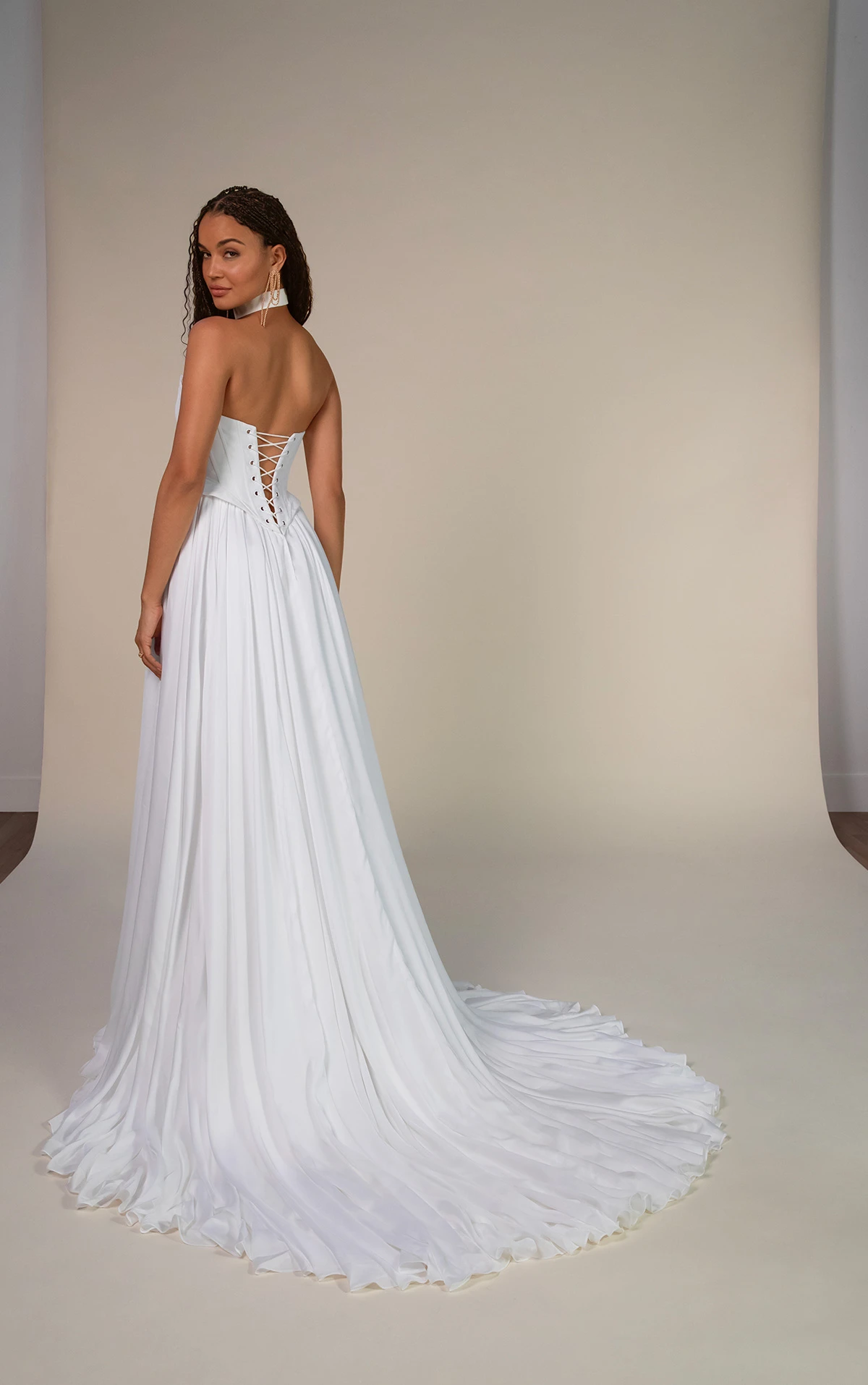 dilara Satin Chiffon Wedding Dress with Peplum Waist and Removable Draped Straps by All Who Wander