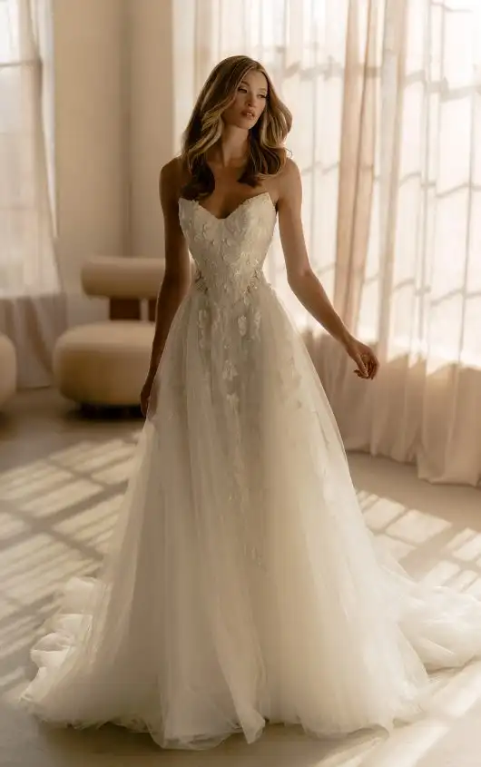 Cat-Eye Glitter Tulle Ballgown Wedding Dress with Floral Appliqués, ML1923, by Martina Liana