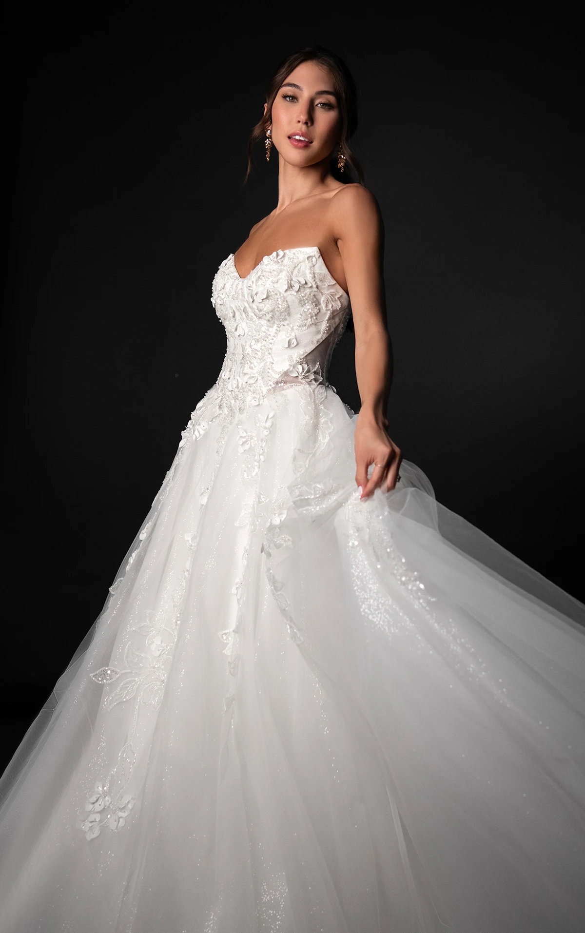 ml1923 Cat-Eye Glitter Tulle Ballgown Wedding Dress with Floral Appliqués by Martina Liana