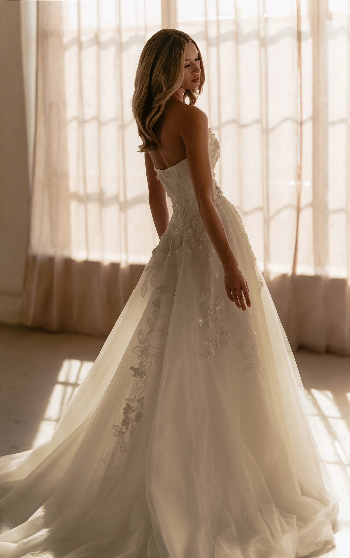 ml1923 Cat-Eye Glitter Tulle Ballgown Wedding Dress with Floral Appliqués by Martina Liana