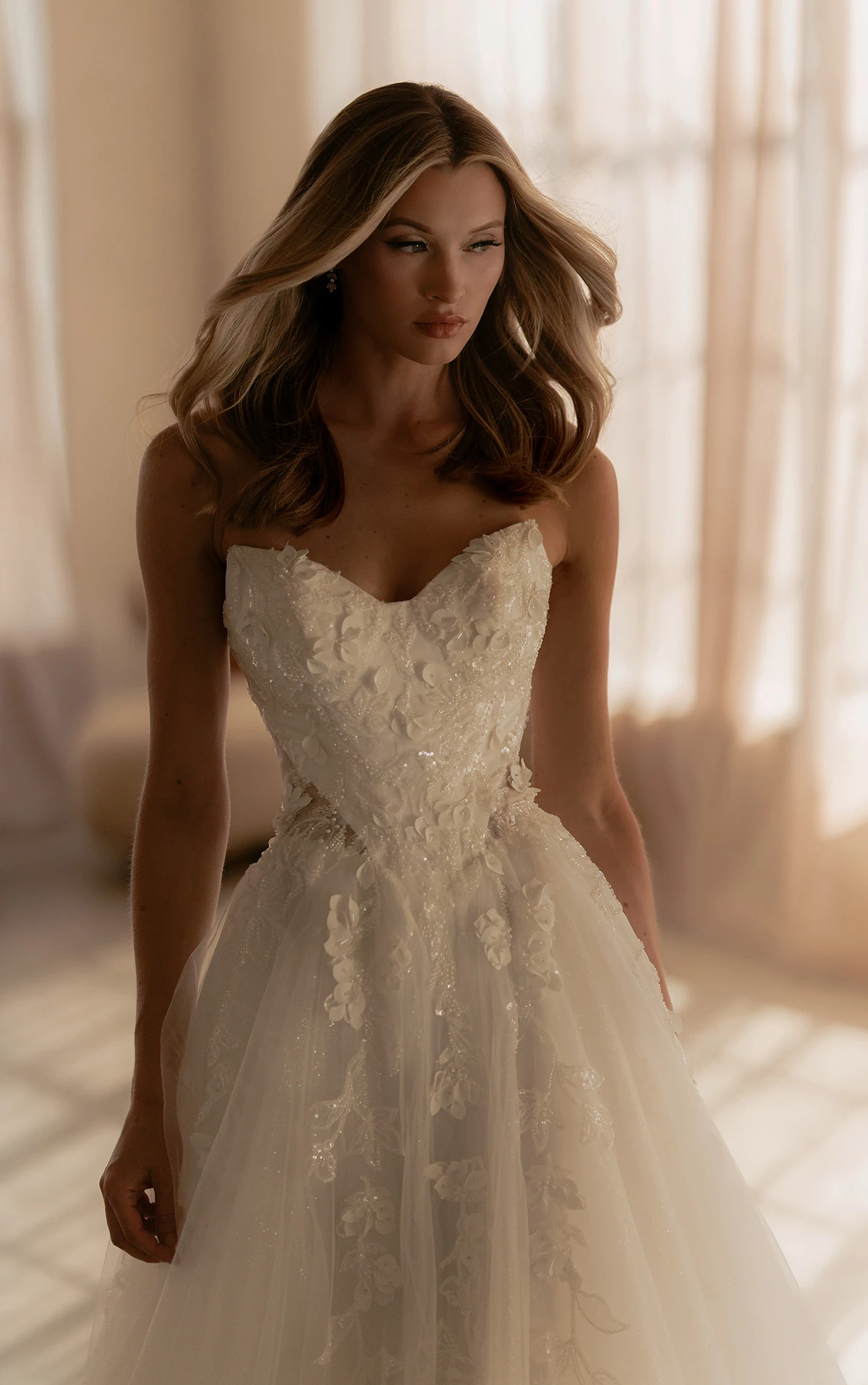 ml1923 Cat-Eye Glitter Tulle Ballgown Wedding Dress with Floral Appliqués by Martina Liana