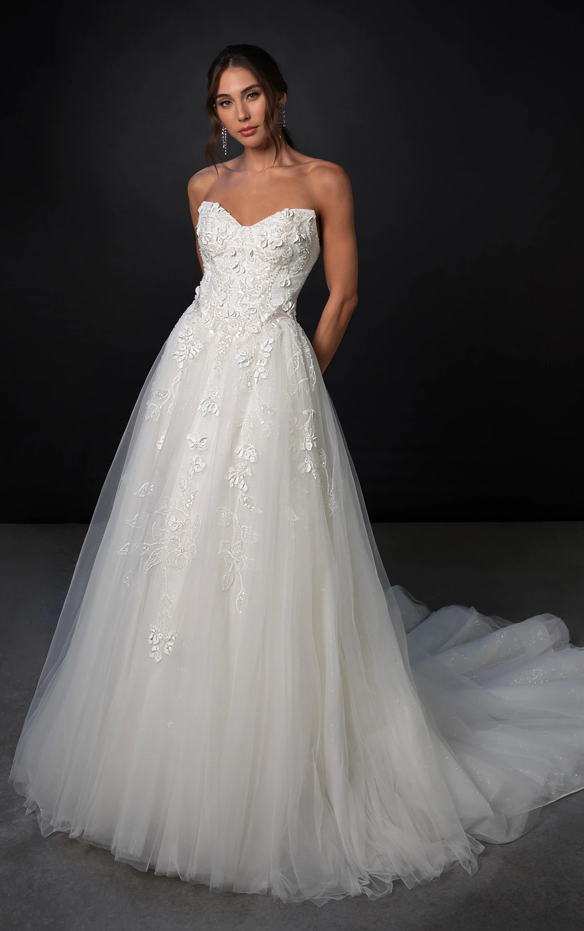 ml1923 Cat-Eye Glitter Tulle Ballgown Wedding Dress with Floral Appliqués by Martina Liana