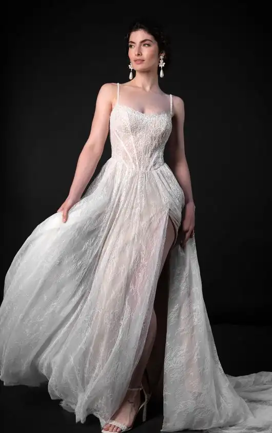 Beaded Chantilly Lace A-Line Wedding Dress with High-Leg Slit, ML1945, by Martina Liana