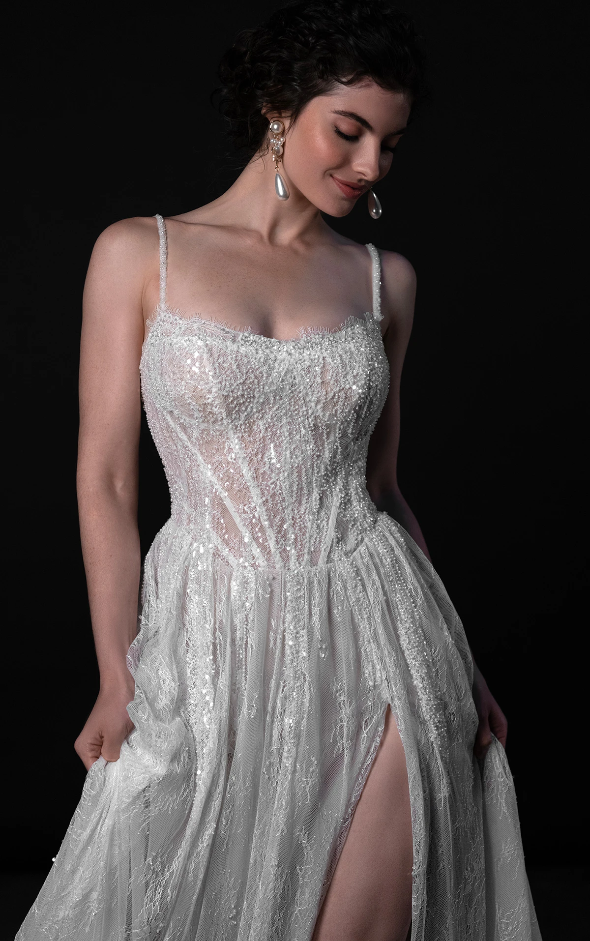 ml1945 Beaded Chantilly Lace A-Line Wedding Dress with High-Leg Slit by Martina Liana