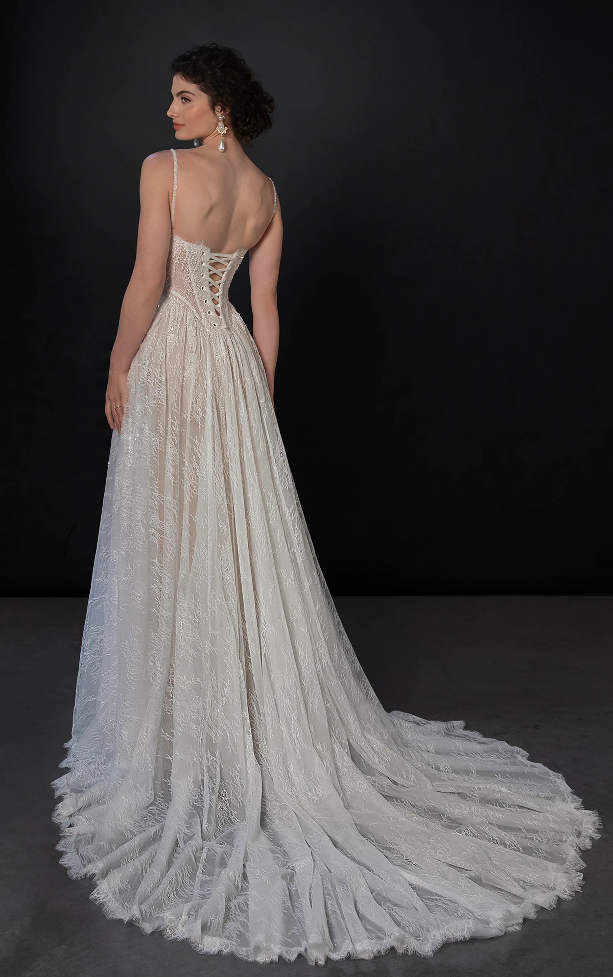 ml1945 Beaded Chantilly Lace A-Line Wedding Dress with High-Leg Slit by Martina Liana