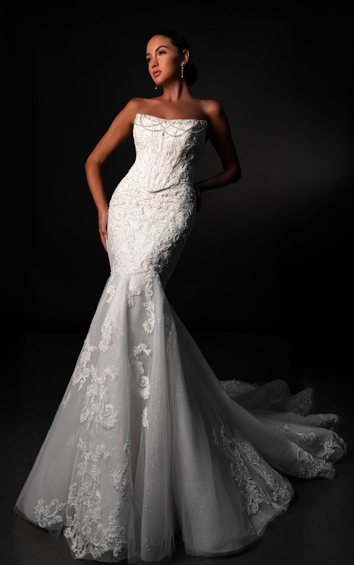 ml1950 Cat-Eye Beaded Trumpet Wedding Dress with Faux Two-Piece Design by Martina Liana
