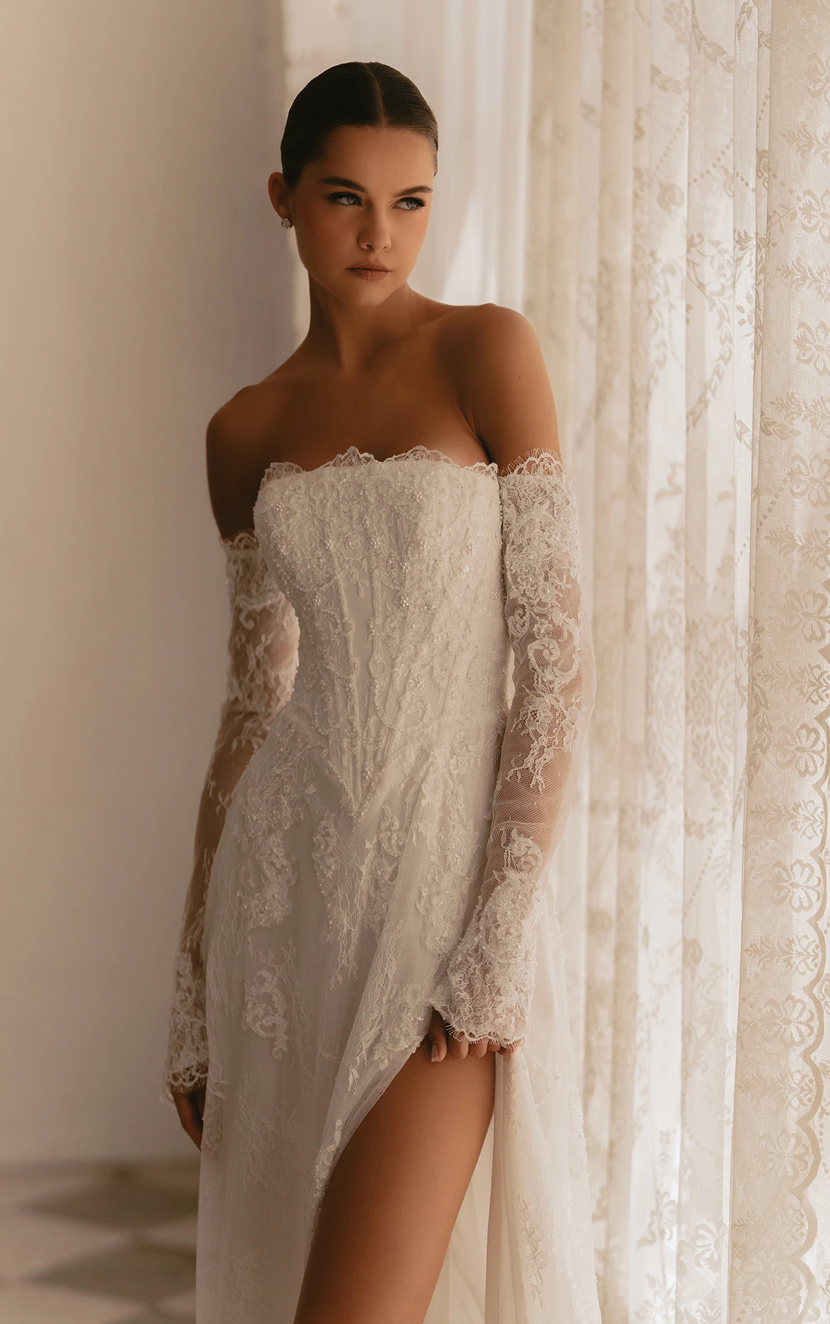 ml1954 Strapless Lace A-Line Wedding Dress with Basque Waist and Detachable Sleeves by Martina Liana