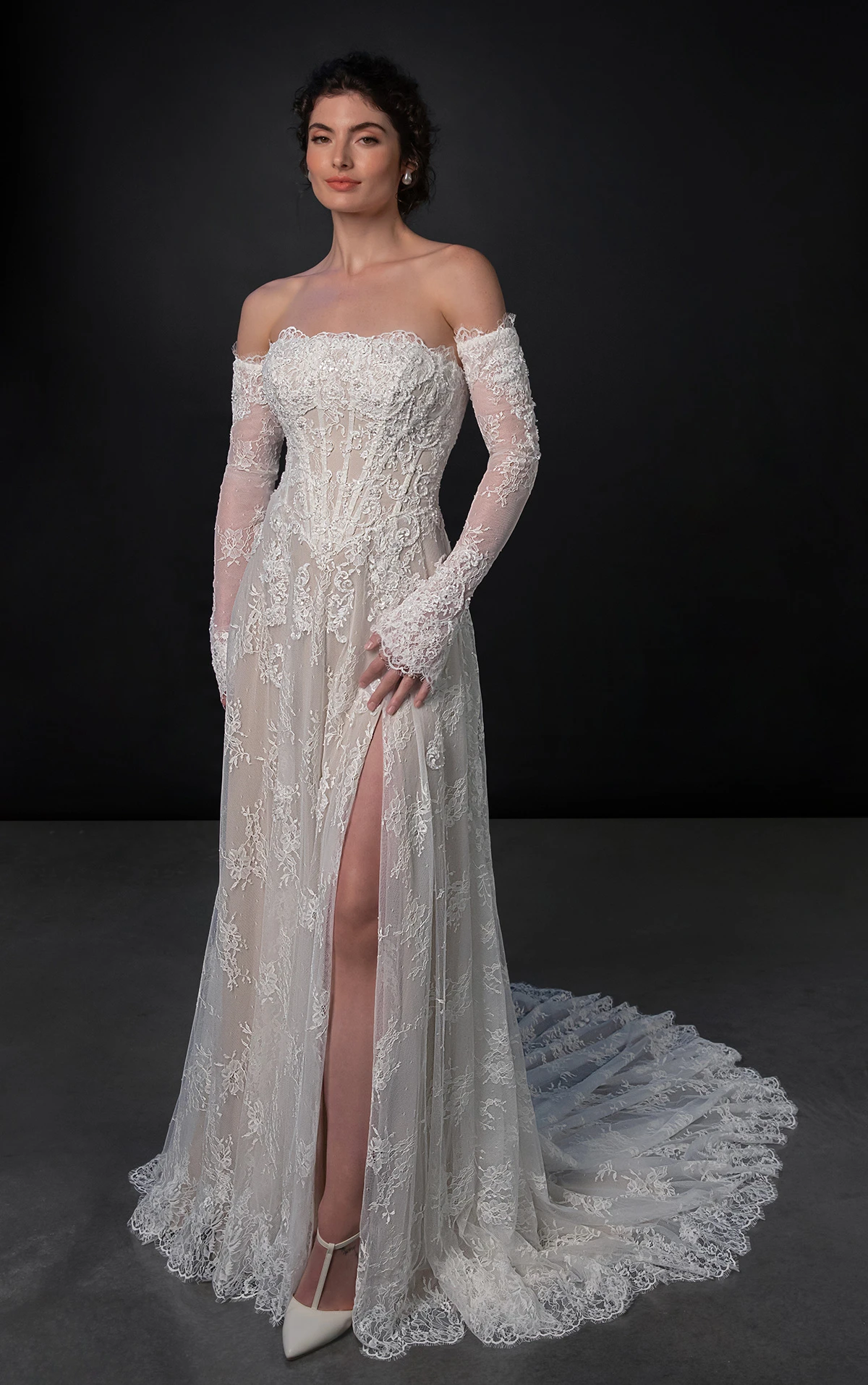 ml1954 Strapless Lace A-Line Wedding Dress with Basque Waist and Detachable Sleeves by Martina Liana