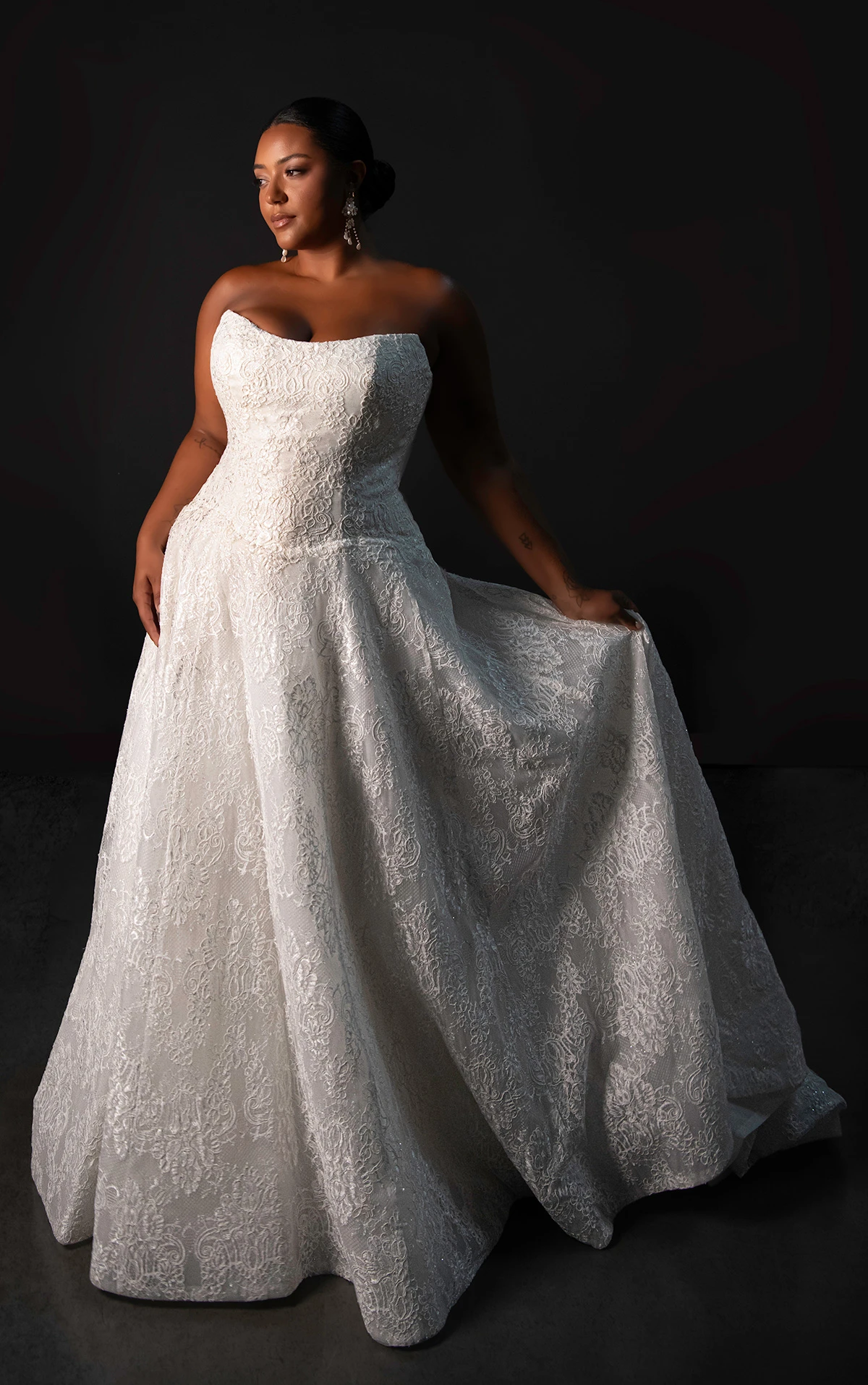 ml1963 Strapless Chantilly Lace A-Line Wedding Dress with Drop Waist by Martina Liana