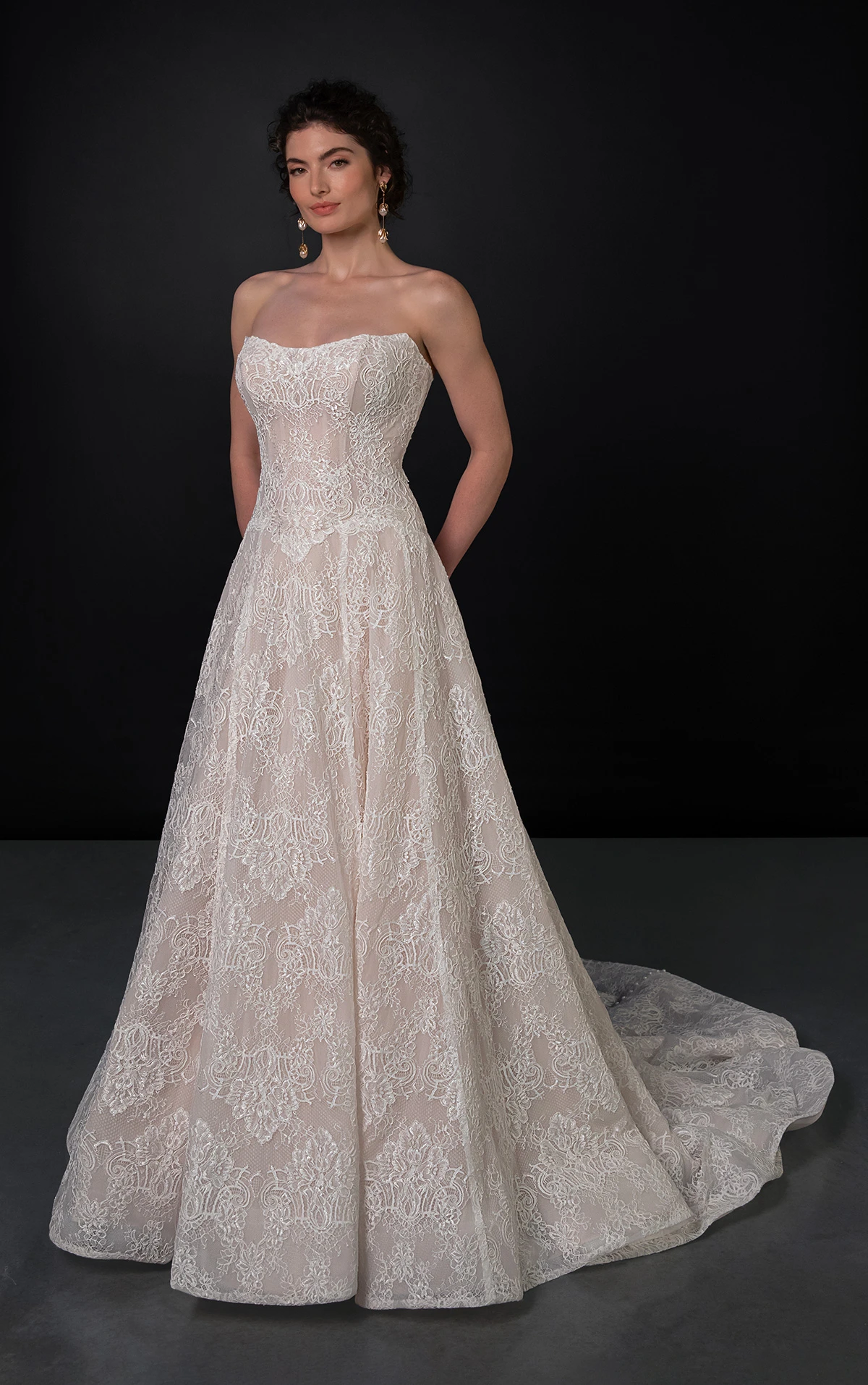 ml1963 Strapless Chantilly Lace A-Line Wedding Dress with Drop Waist by Martina Liana