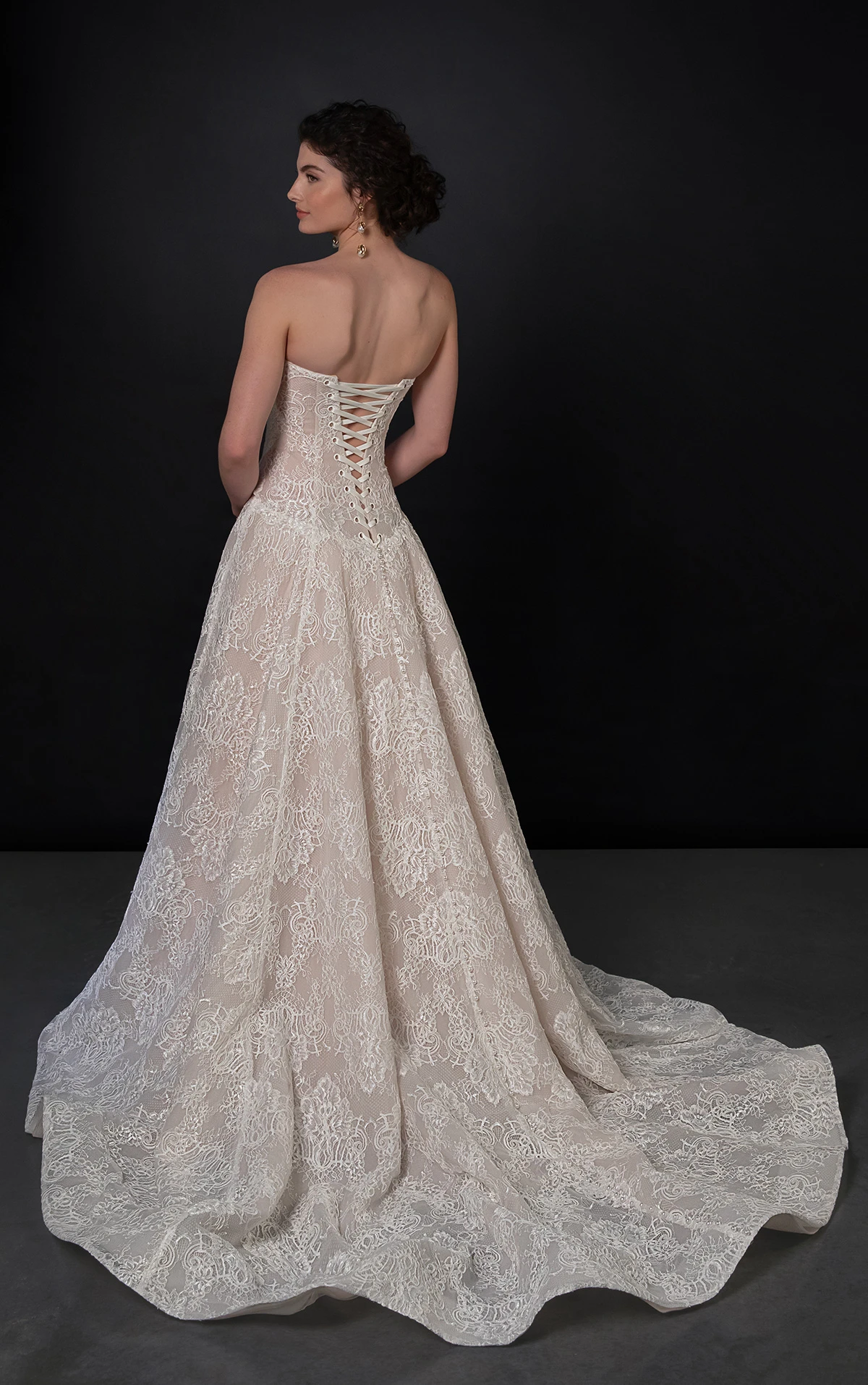 ml1963 Strapless Chantilly Lace A-Line Wedding Dress with Drop Waist by Martina Liana