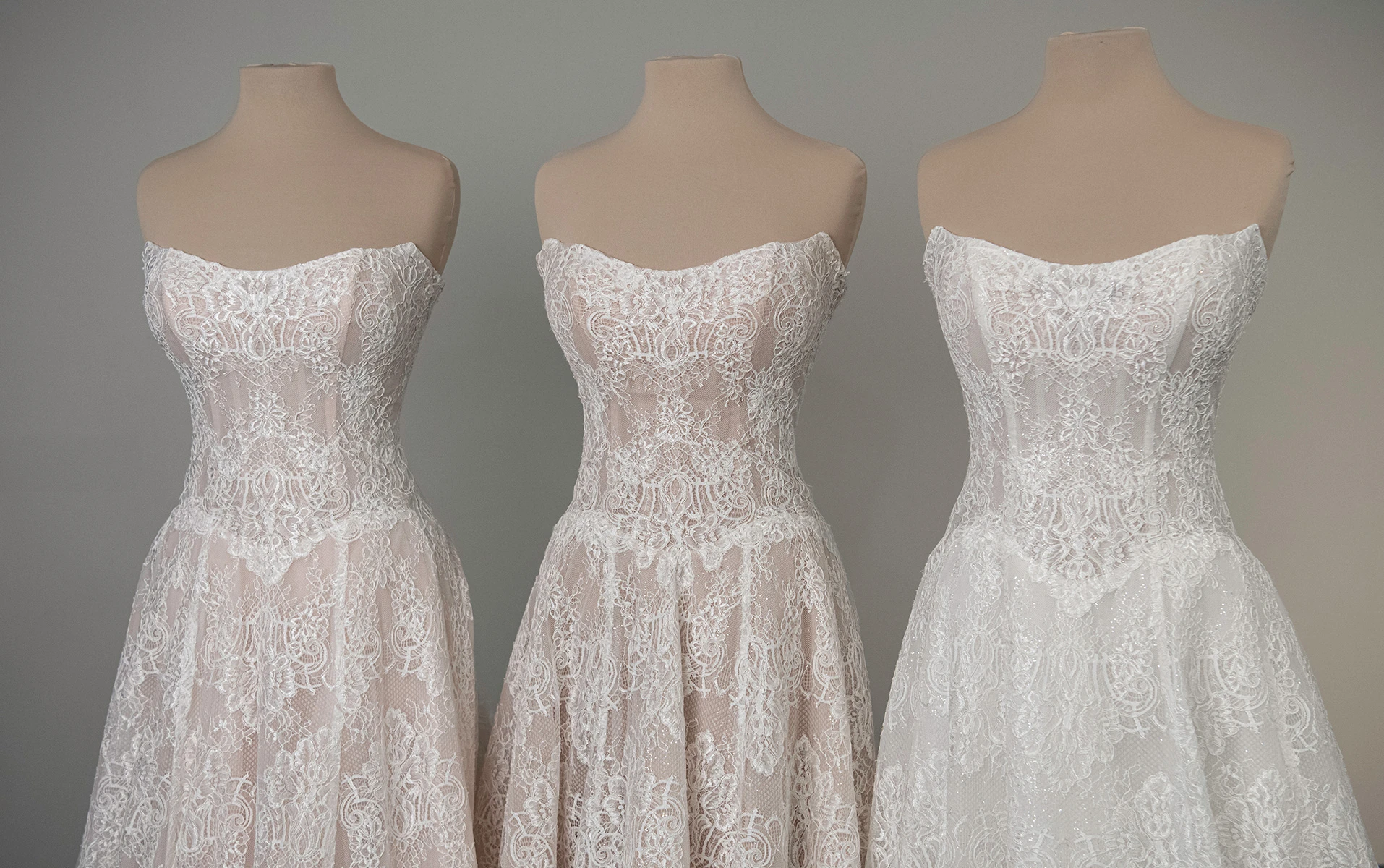 ml1963 Strapless Chantilly Lace A-Line Wedding Dress with Drop Waist by Martina Liana