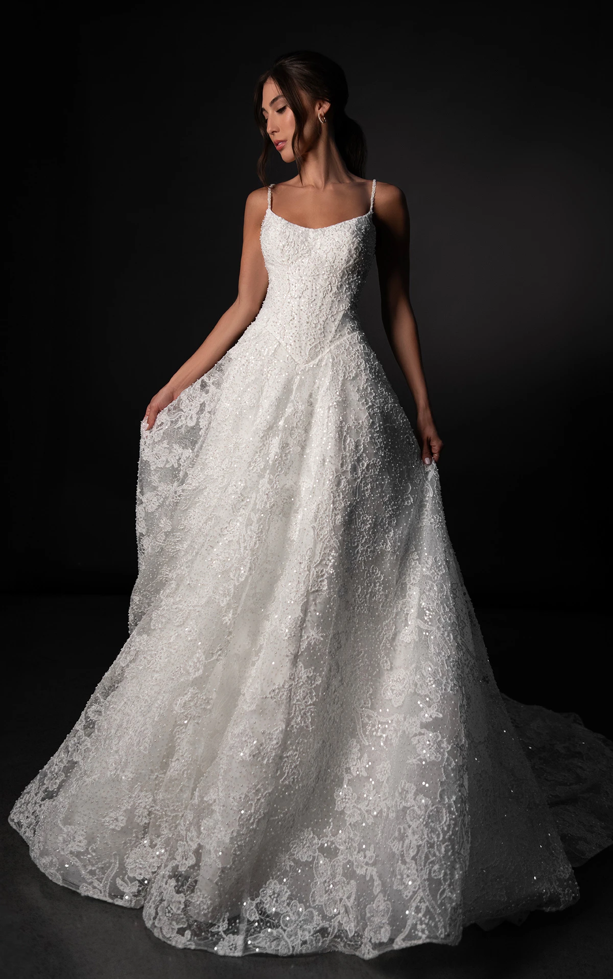ml1969 Beaded Lace A-Line Wedding Dress with Basque Waist and Spaghetti Straps by Martina Liana