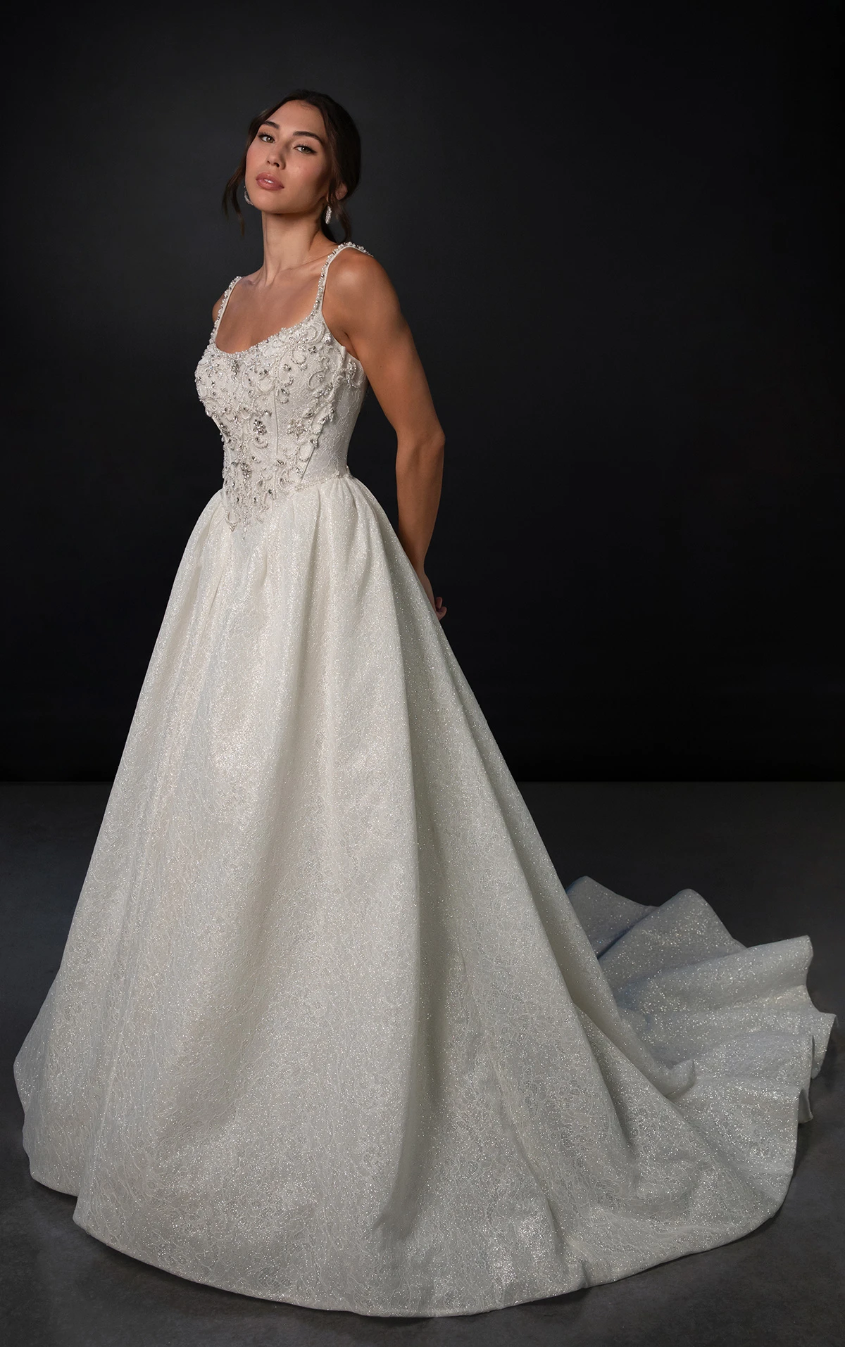 ml1980 Scoop Neck Glitter Ballgown Wedding Dress with Basque Waist and Crystal Appliqués by Martina Liana