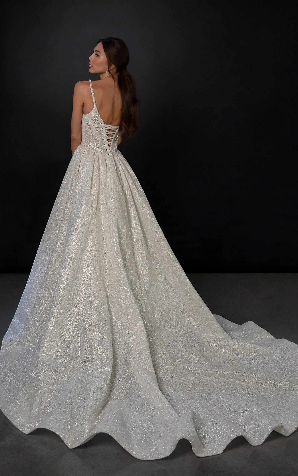 ml1980 Scoop Neck Glitter Ballgown Wedding Dress with Basque Waist and Crystal Appliqués by Martina Liana