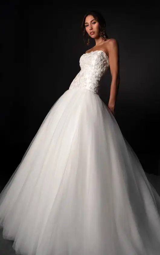 Strapless Mikado and Tulle A-Line Wedding Dress with Crystal Lace Appliqués, ML1985, by Martina Liana