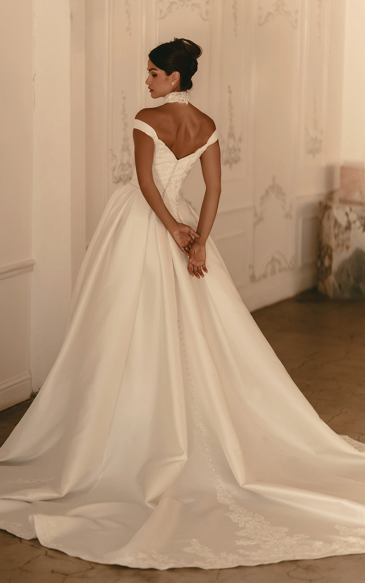 ml1989 Off-the-Shoulder Lace Ballgown Wedding Dress with Tie-Up Back by Martina Liana