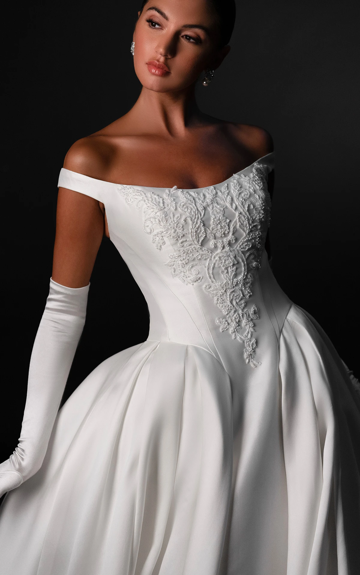 ml1989 Off-the-Shoulder Lace Ballgown Wedding Dress with Tie-Up Back by Martina Liana