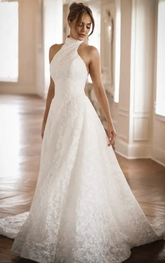 Halter Floral Lace A-Line Wedding Dress, ML1991, by Martina Liana