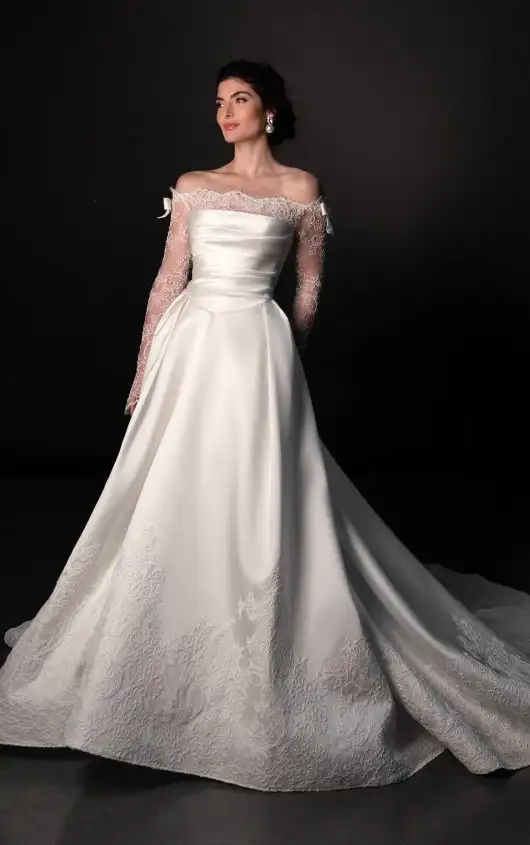 Sheer Lace and Silk A-Line Wedding Dress with Off-the-Shoulder Sleeves, ML1992, by Martina Liana