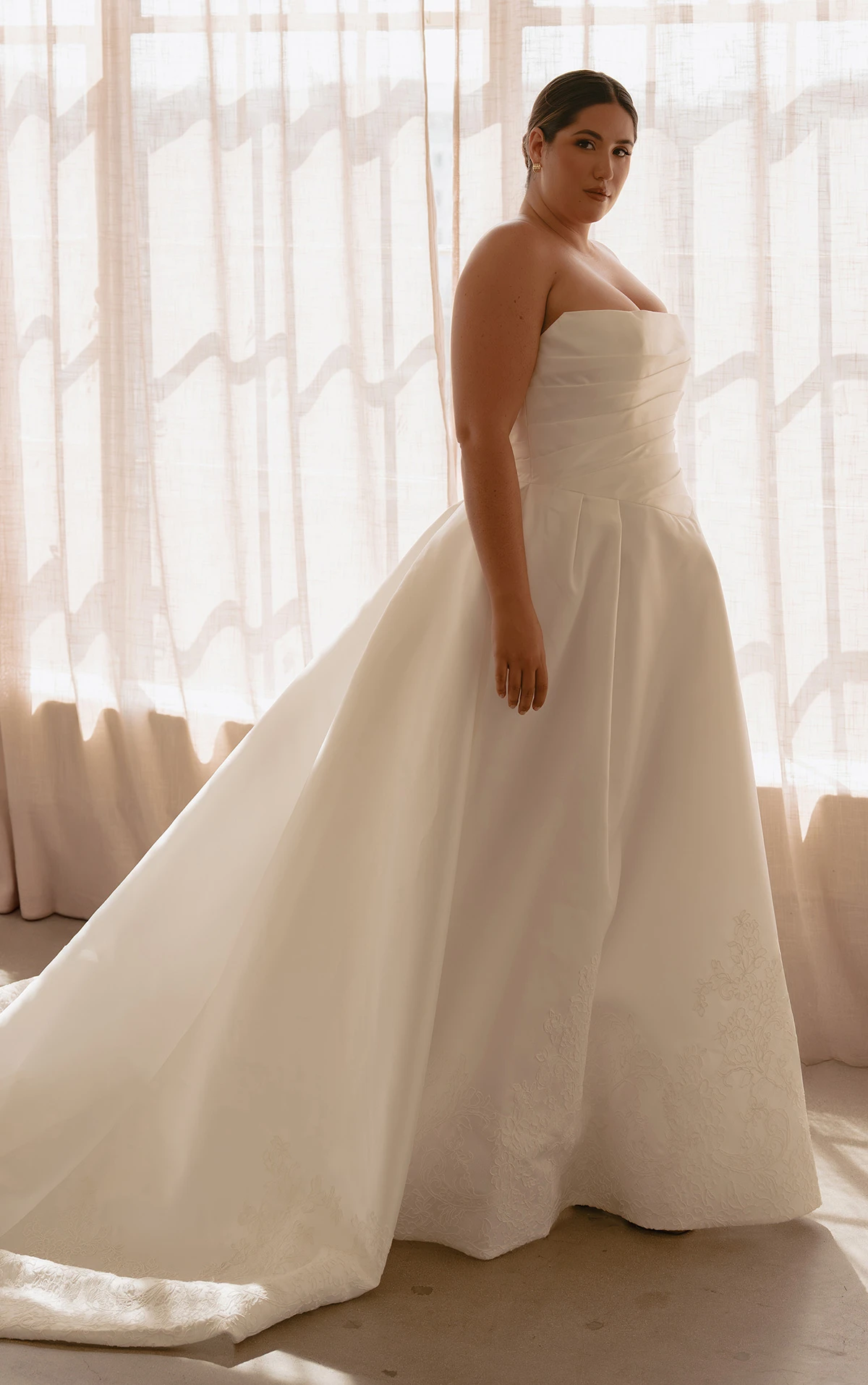 ml1992 Sheer Lace and Silk A-Line Wedding Dress with Off-the-Shoulder Sleeves by Martina Liana