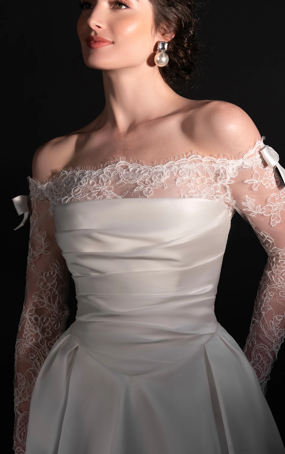 ml1992 Sheer Lace and Silk A-Line Wedding Dress with Off-the-Shoulder Sleeves by Martina Liana