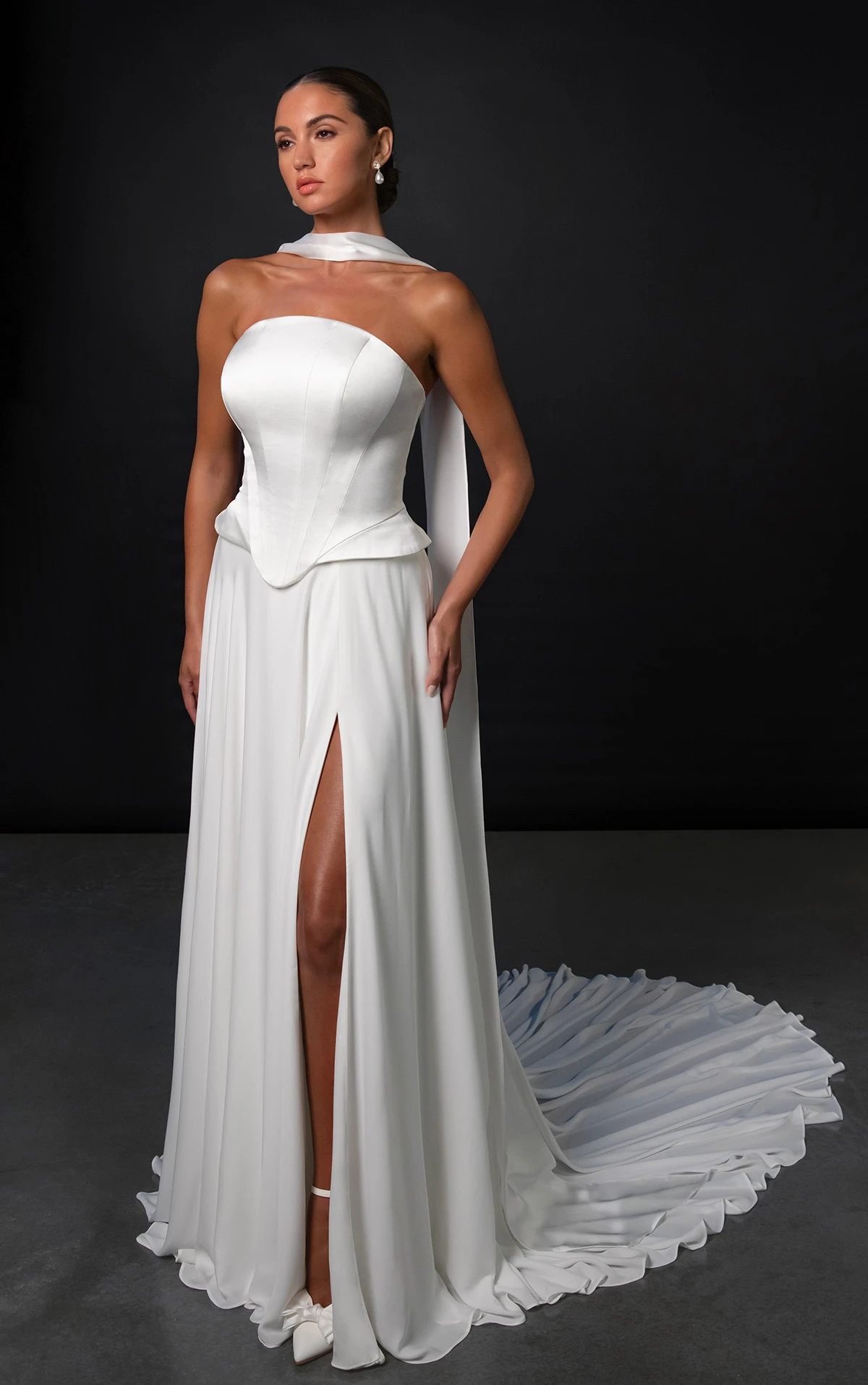 ml1993 A-Line Wedding Dress with Peplum Waist and Neck Scarf by Martina Liana