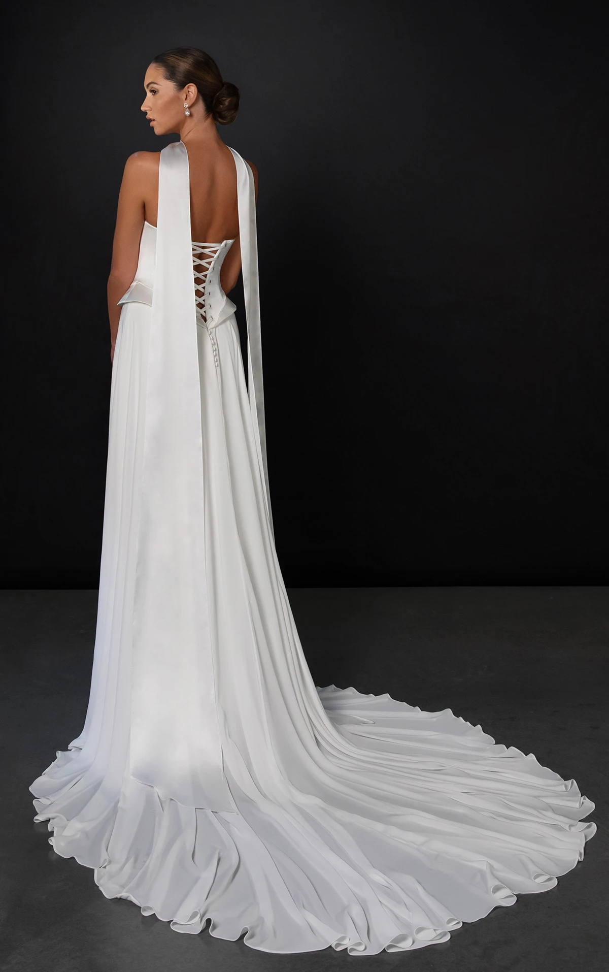 ml1993 A-Line Wedding Dress with Peplum Waist and Neck Scarf by Martina Liana