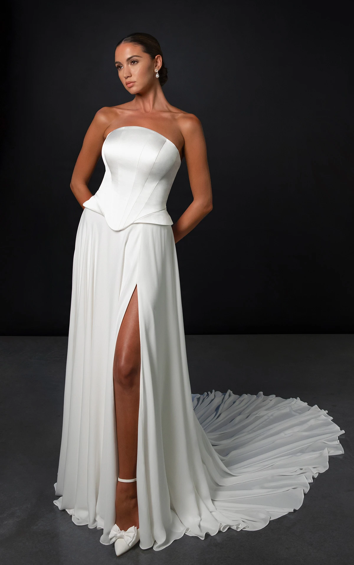 ml1993 A-Line Wedding Dress with Peplum Waist and Neck Scarf by Martina Liana