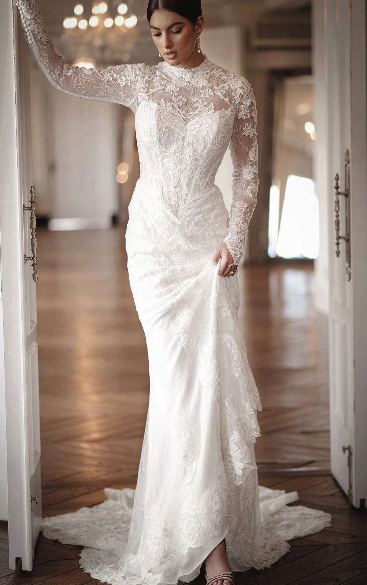 ml1995 High-Neck Lace Fit-and-Flare Wedding Dress with Detachable Overskirt by Martina Liana