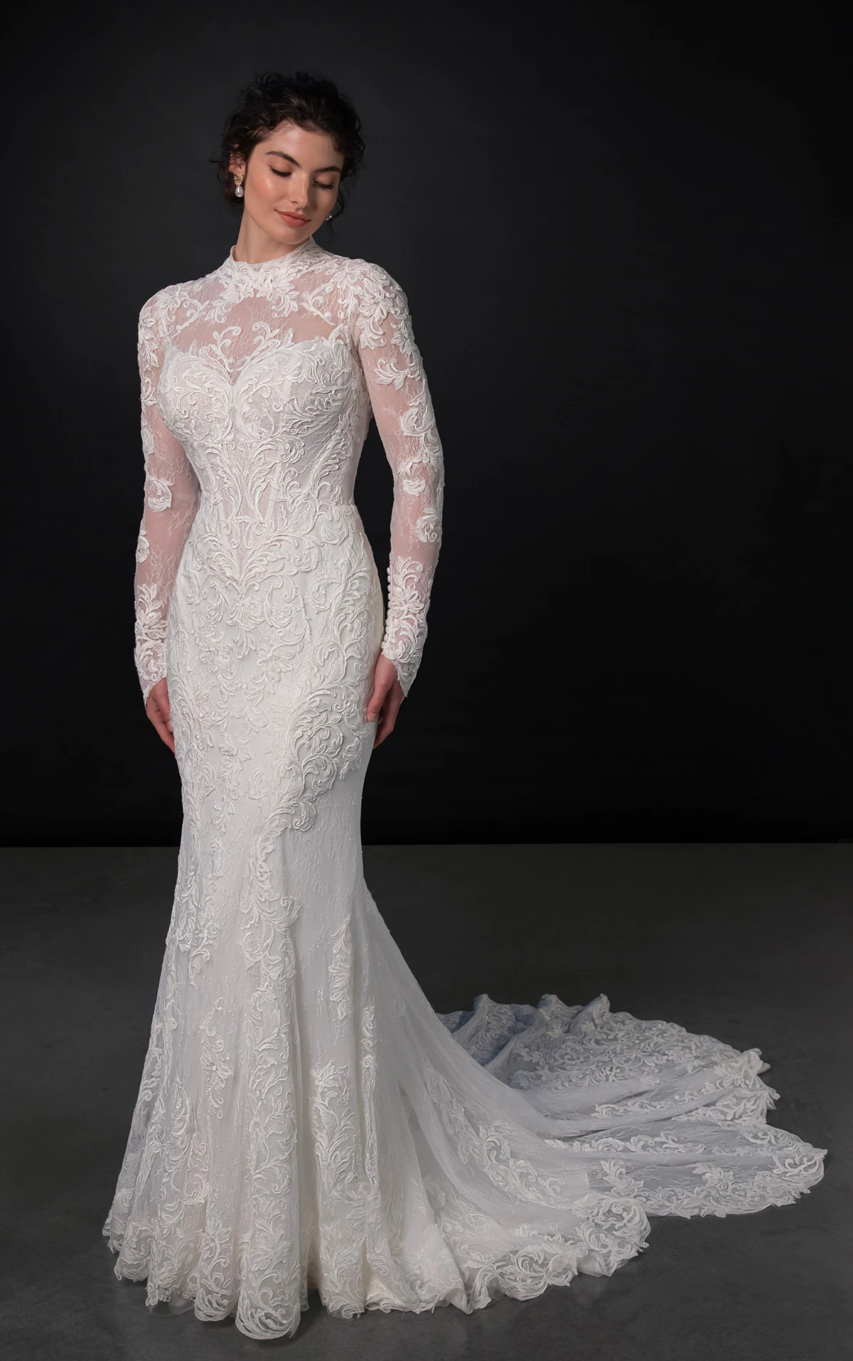 ml1995 High-Neck Lace Fit-and-Flare Wedding Dress with Detachable Overskirt by Martina Liana