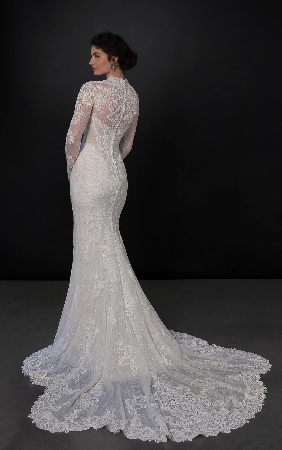 ml1995 High-Neck Lace Fit-and-Flare Wedding Dress with Detachable Overskirt by Martina Liana