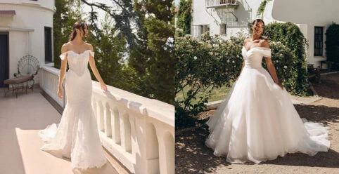 Two brides posing wearing their wedding gowns