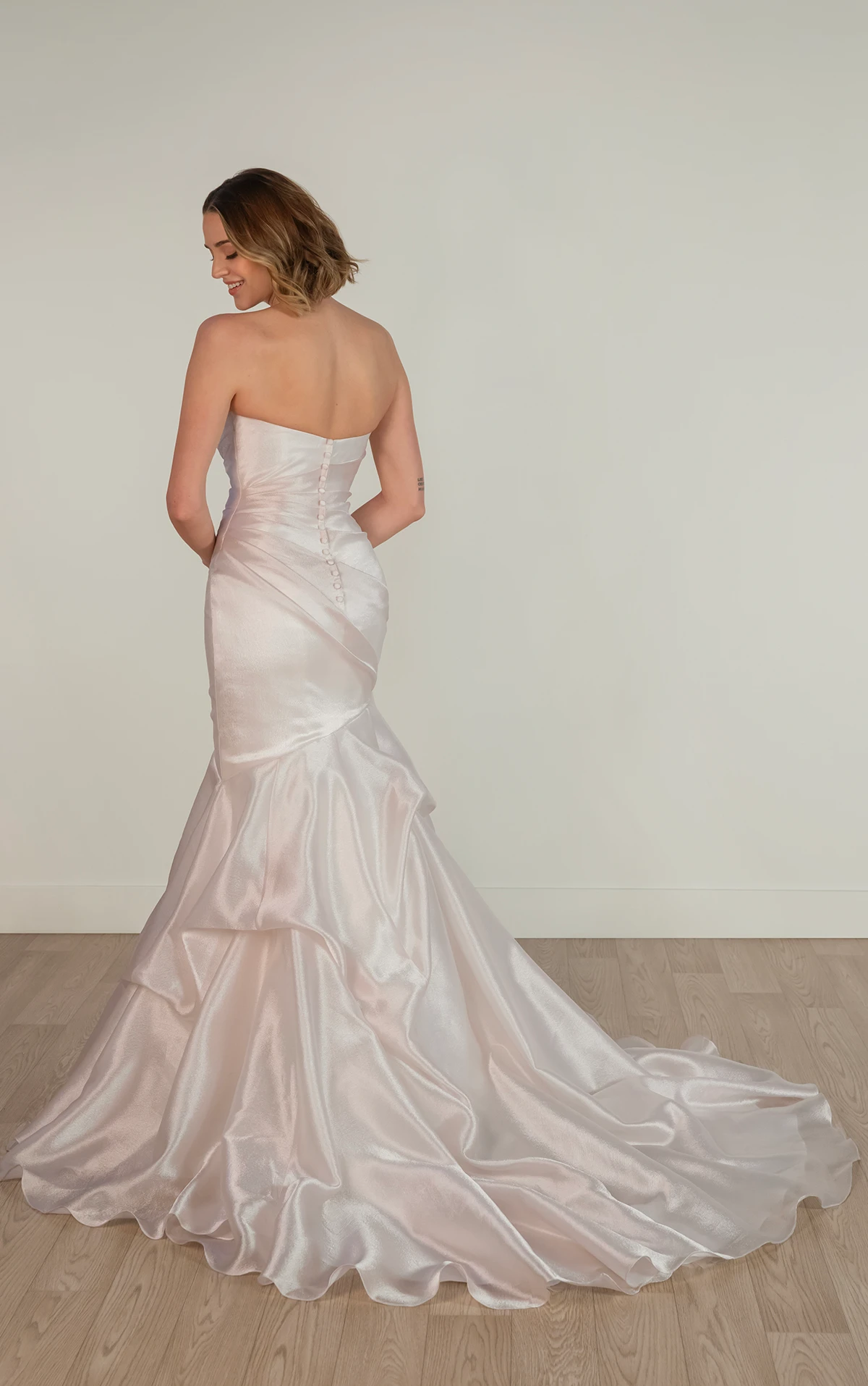sy8123 Ruched Fit-and-Flare Wedding Dress with Cat-Eye Neckline by Stella York