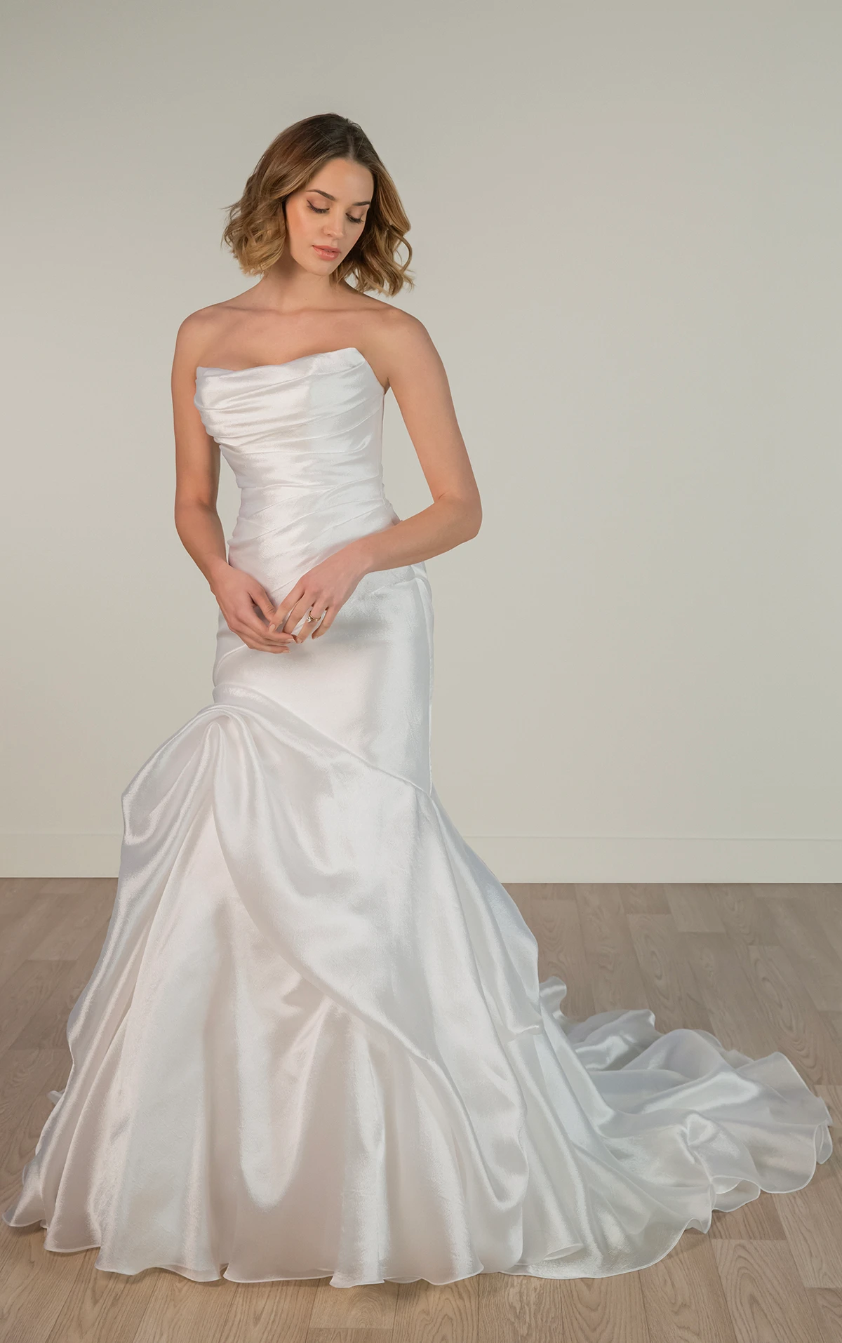 sy8123 Ruched Fit-and-Flare Wedding Dress with Cat-Eye Neckline by Stella York