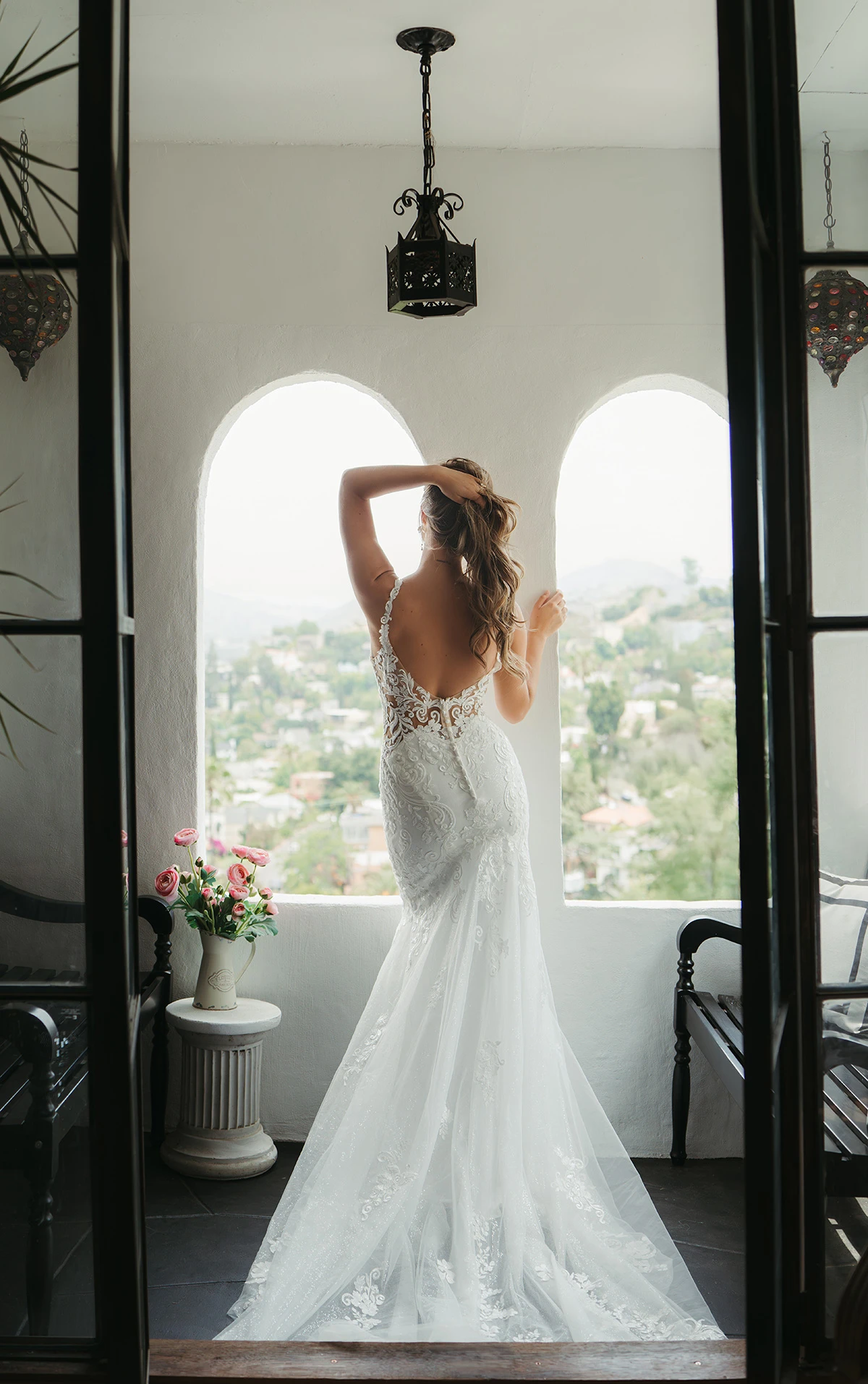 sy8168 Fit-and-Flare Wedding Dress with Plunging Neckline and Lace Appliqués by Stella York