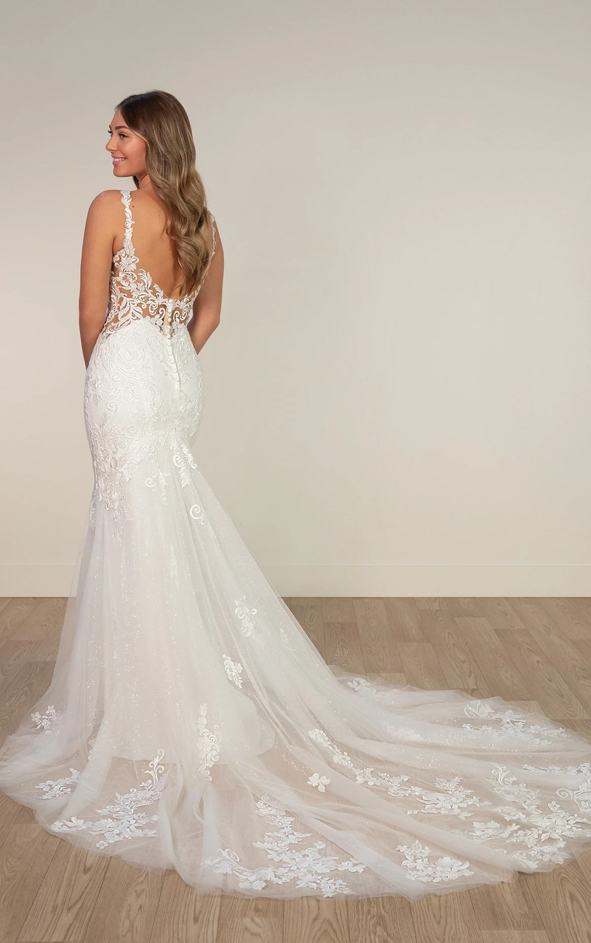 sy8168 Fit-and-Flare Wedding Dress with Plunging Neckline and Lace Appliqués by Stella York