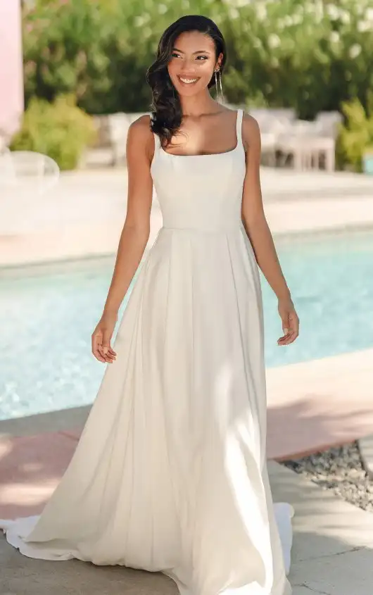 Matte Satin A-Line Wedding Dress with Square Neckline and Wide Straps, SY8180, by Stella York