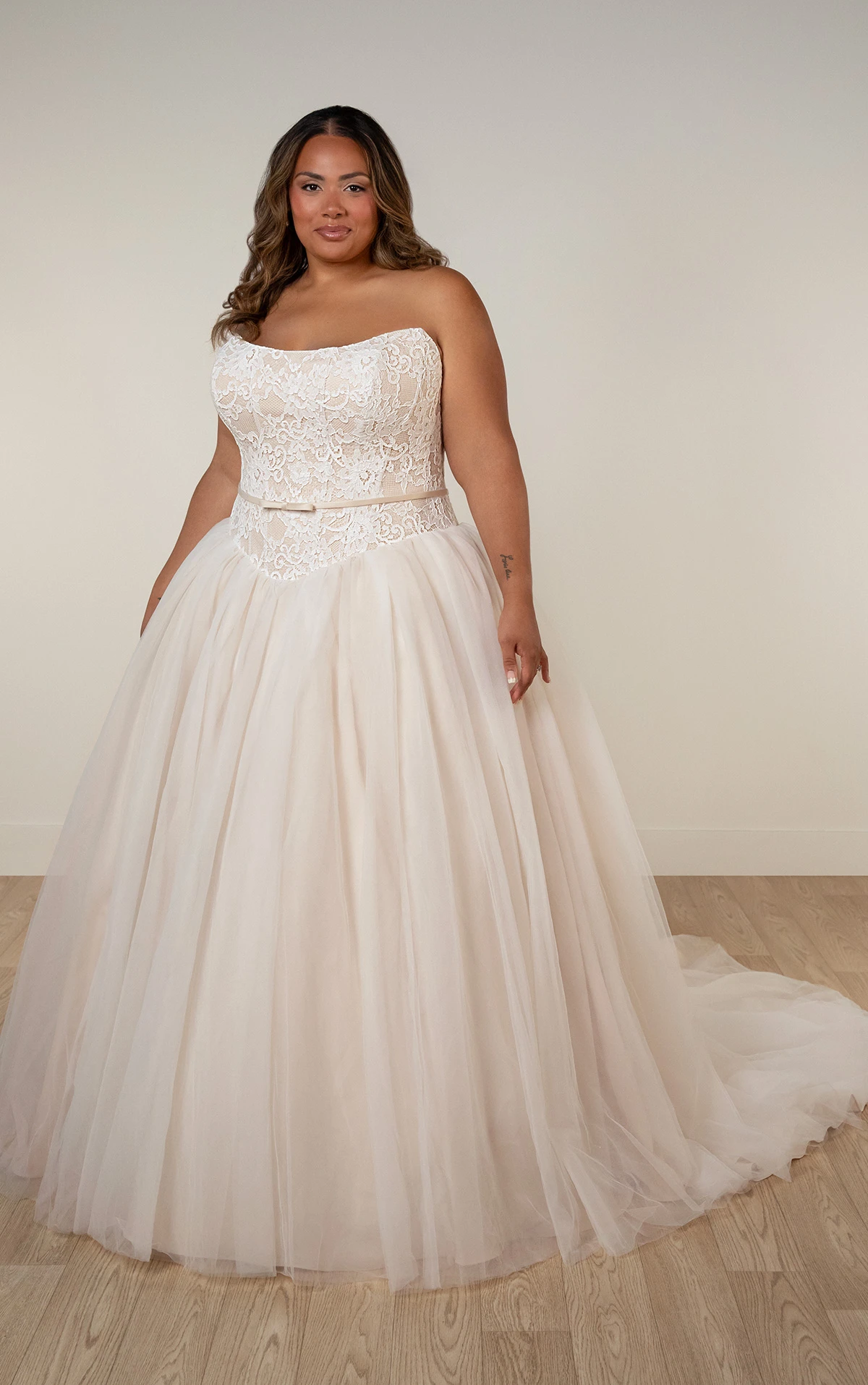 sy8189+ Plus Size Strapless Lace Ballgown Wedding Dress with Detachable Satin Bow by Stella York
