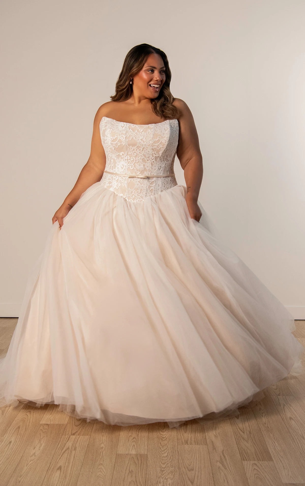 sy8189+ Plus Size Strapless Lace Ballgown Wedding Dress with Detachable Satin Bow by Stella York