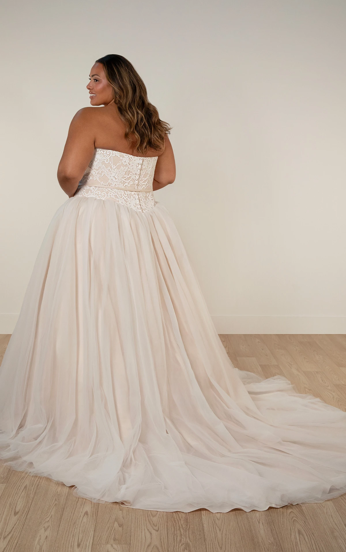 sy8189+ Plus Size Strapless Lace Ballgown Wedding Dress with Detachable Satin Bow by Stella York