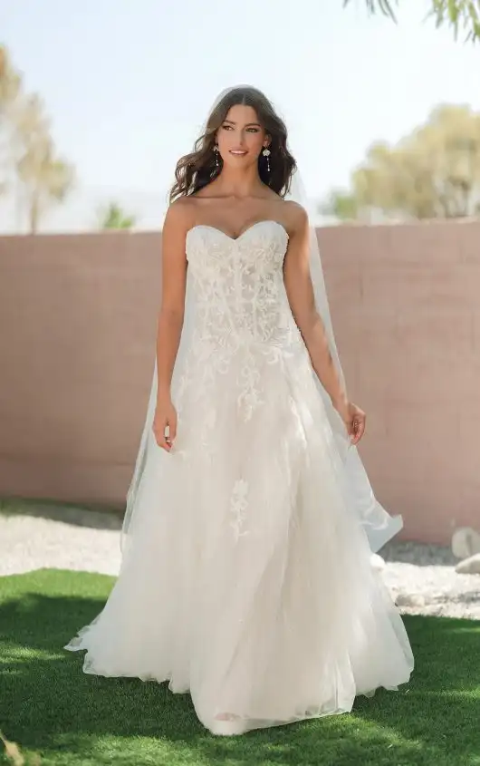 Strapless Glitter Tulle Drop Waist Wedding dress with Scrolling Sequin Lace, SY8205, by Stella York