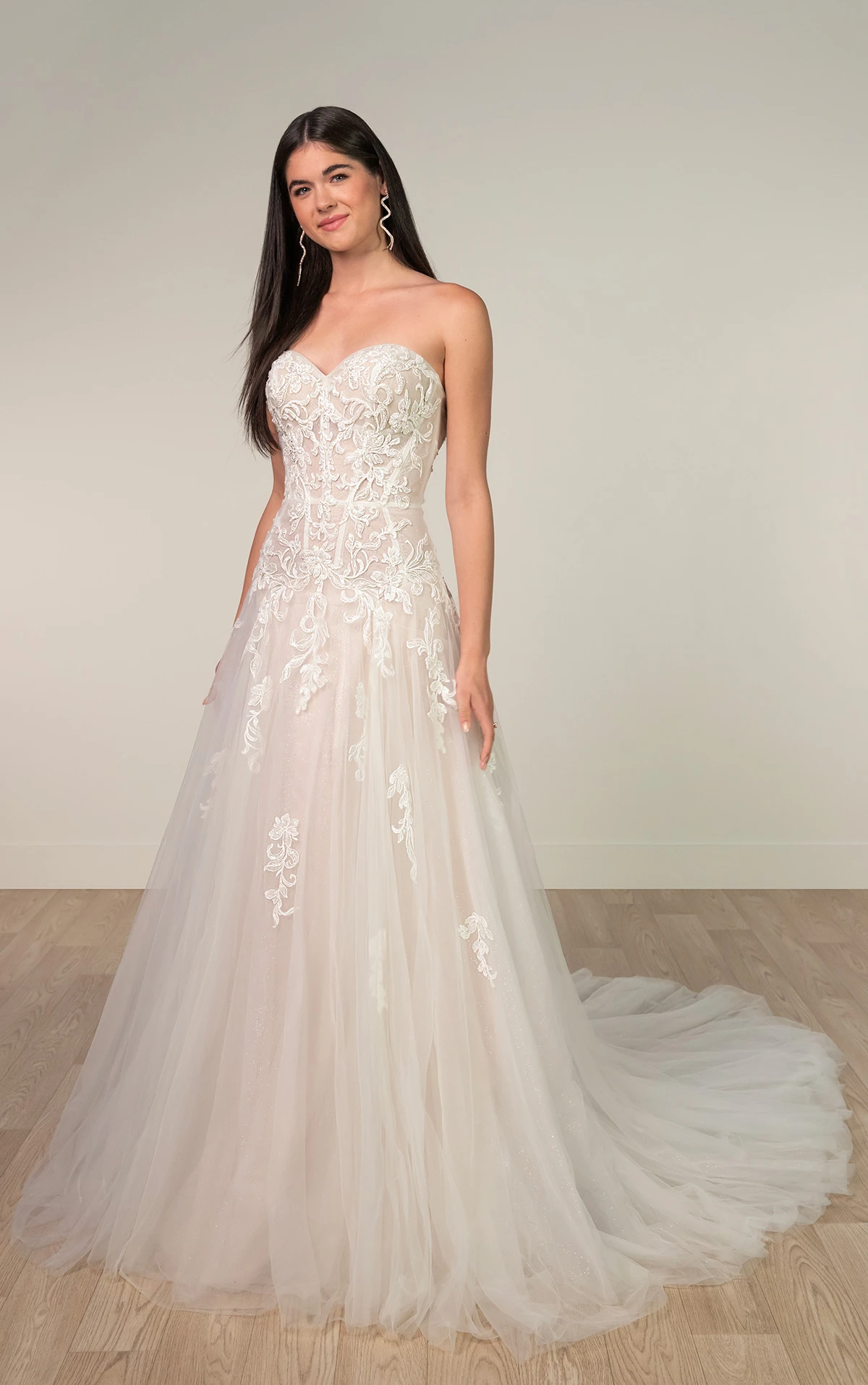 sy8205 Strapless Glitter Tulle Drop Waist Wedding dress with Scrolling Sequin Lace by Stella York