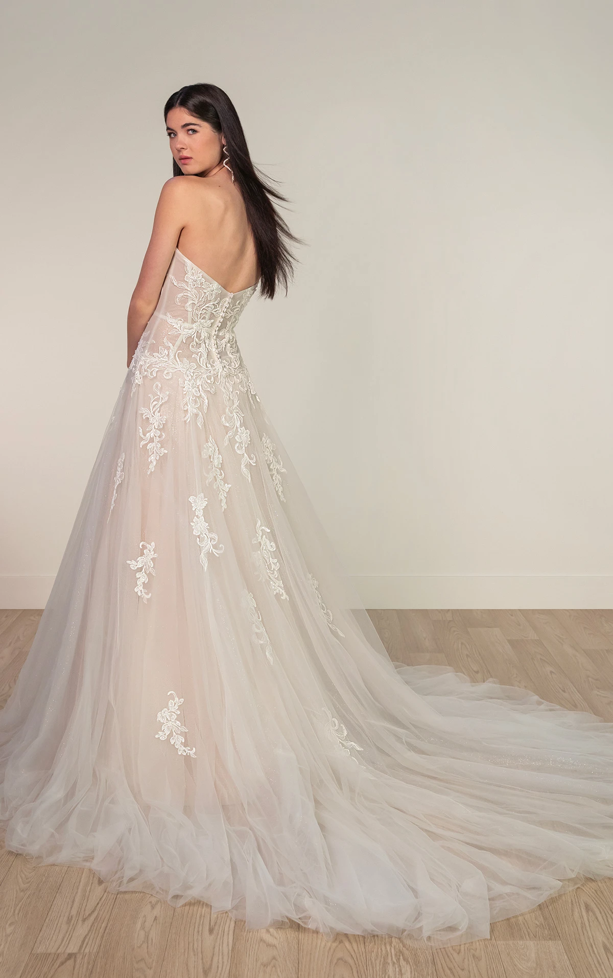 sy8205 Strapless Glitter Tulle Drop Waist Wedding dress with Scrolling Sequin Lace by Stella York