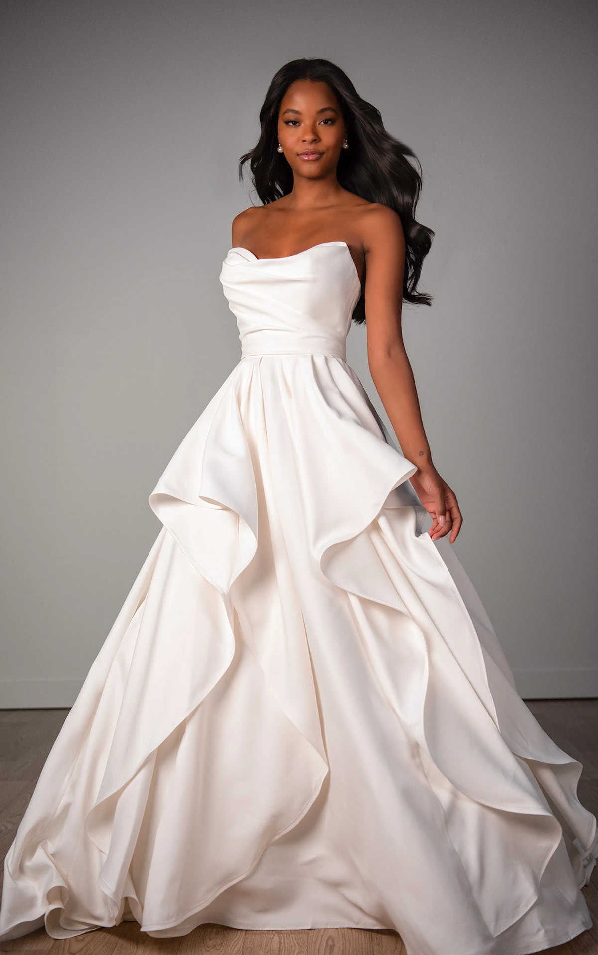 sy8212 Strapless Satin A-Line Wedding Dress with Ruffle Pick-Ups by Stella York