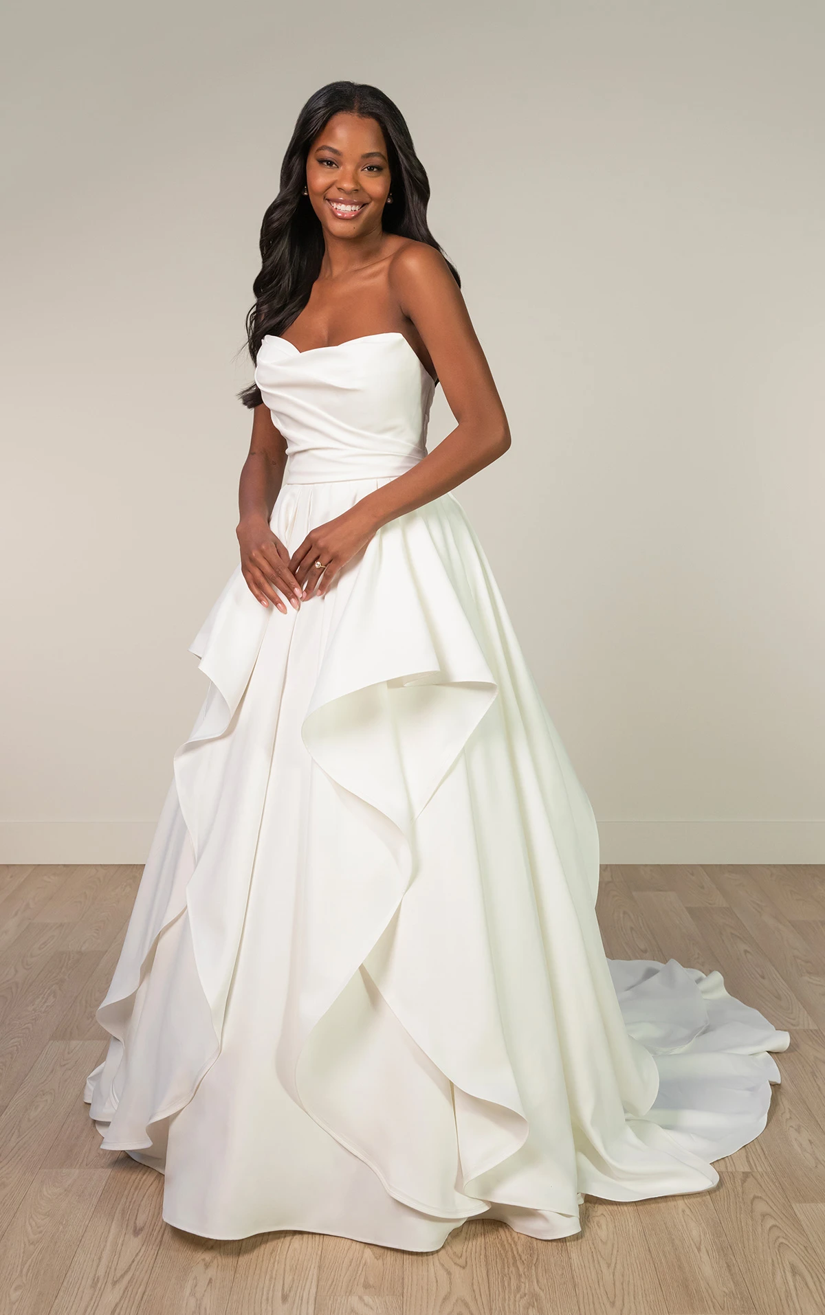 sy8212 Strapless Satin A-Line Wedding Dress with Ruffle Pick-Ups by Stella York
