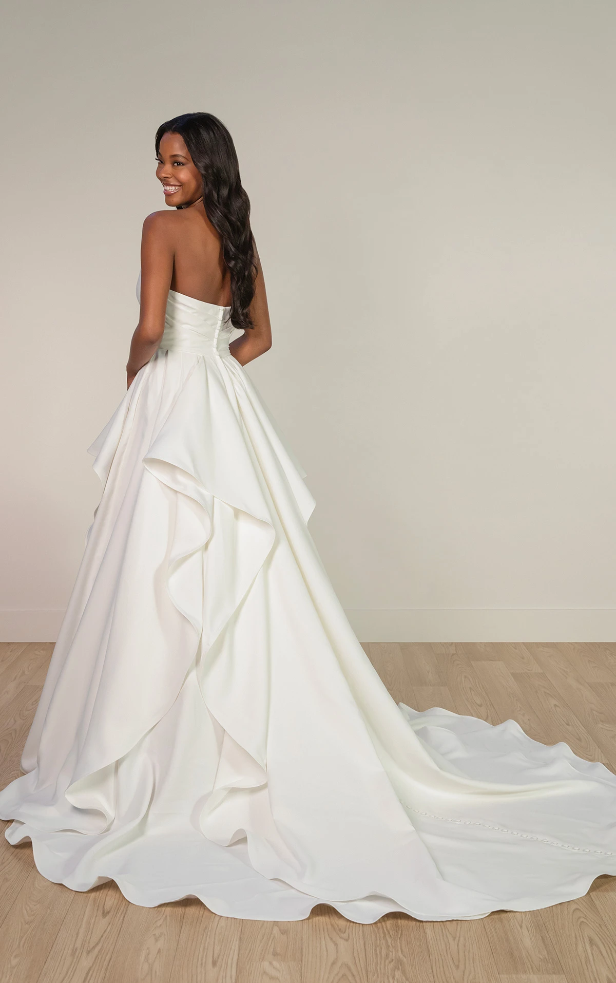 sy8212 Strapless Satin A-Line Wedding Dress with Ruffle Pick-Ups by Stella York