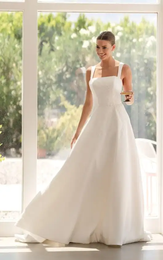 A-Line Mikado Wedding Dress with Detachable Straps and Floral Detail, SY8217, by Stella York