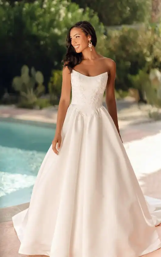 Strapless Grand Satin Ballgown Wedding Dress with Cat-Eye Neckline and Sculpted Pleats, SY8239, by Stella York