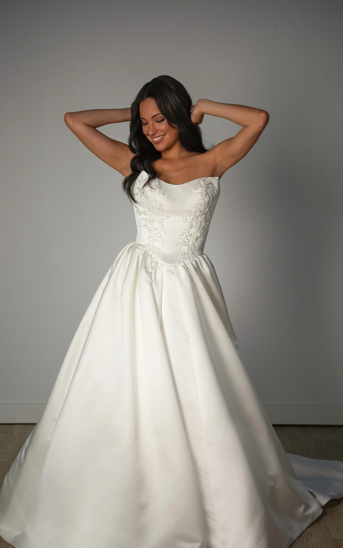 sy8239 Strapless Grand Satin Ballgown Wedding Dress with Cat-Eye Neckline and Sculpted Pleats by Stella York